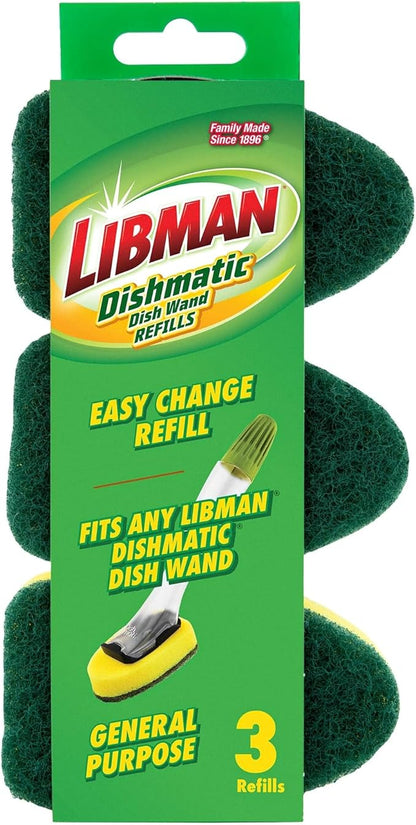 LIBMAN Dish Wand Refills - 3 Pk Dish Wand Sponge Refills - Durable - Non Scratch - Dishmatic Compatible, Fits Dishmatic Dishwands