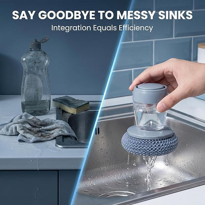 Sakerplus Dish Brush Kitchen Soap Dispensing Palm Brush, Comfort Grip Soap Dispensing Kitchen Scrub, Palm Brush Dish Scrubber with Holder for Kitchen Sink (1, Light Gray, PET)