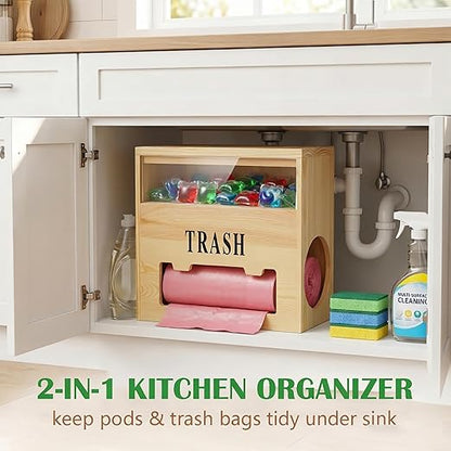 Wooden 2-in-1 Trash Bag Dispenser & Dishwasher Laundry Pods Container, Large Trash Bag Holder with Magnetic Flip Lids, Garbage Bag Dispenser for Kitchen Pantry Laundry Room Under Sink Organizer