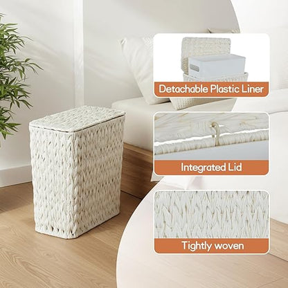 Coeusy Wicker Trash Can with Lid and Liner,Boho Decotative Small Bathroom Trash Cans,Waterproof Slim Waste Basket for Bedroom,Home Office,3 Gallon Cream White