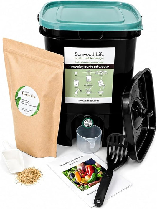 Indoor Bokashi Composter Starter Kit, 2.2 lb Premium Bokashi Bran Included, Easliy Turn Your Kitchen Wastes into Nutrition for Your Garden Soil (Black)