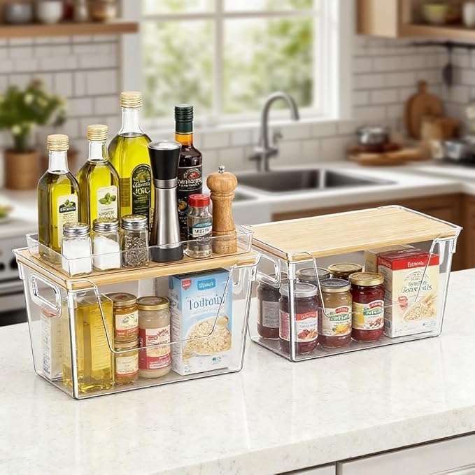 2 Pack Trash Bag Dispenser with Bamboo Lid, Stackable Trash Bag Holder, Large Clear Garbage Bag Organizer for 4-33 Gal Bags, Space-Saving Under Sink Organizer for Kitchen, Laundry, Pantry