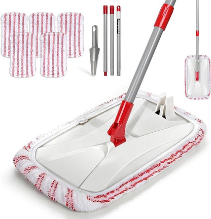 OZD Flat Mops for Floor Cleaning , with 5 Reusable 16x9in Dual-Fiber Mop Heads, Remove Stubborn Stains, Wet and Dry Use, Suitable for Hardwood, Tile, Laminate Flooring etc, Red