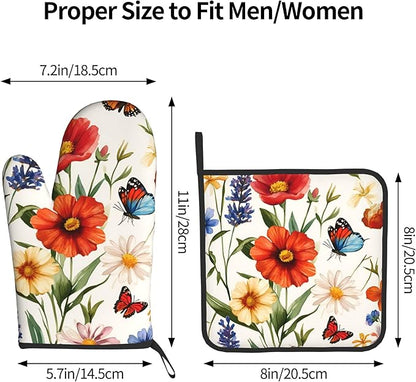 Cute Oven Mitts and Pot Holders Sets Poppy Daisy Flowers Kitchen Gloves Lavender Butterfly Hot Pads 2 Pieces Set Spring Summer Floral Kitchen Decor and Accessories