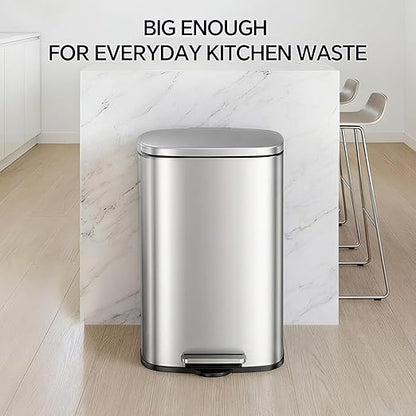 13 Gallon Trash Can (50L) and 1.6 Gallon (6L) Kitchen Trash Can Combo Set, Stainless Steel Garbage Can with Lid and Step-on Pedal, Soft Close Waste Bin with Inner Bucket for Home & Office