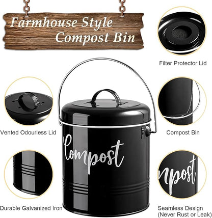 DAYYET Compost Bin Kitchen, 1.3 Gallon Farmhouse Kitchen Compost Bin Countertop, Indoor Countertop Compost Bucket with Lid and Charcoal Filters, Black