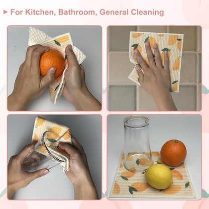 Swedish Dishcloths 6-Pack, Super Absorbent & Fast-Drying Reusable Dish Towels, Biodegradable Kitchen Sponge Cloths with Fruit Prints for Dishes, Countertops, Windows & Car