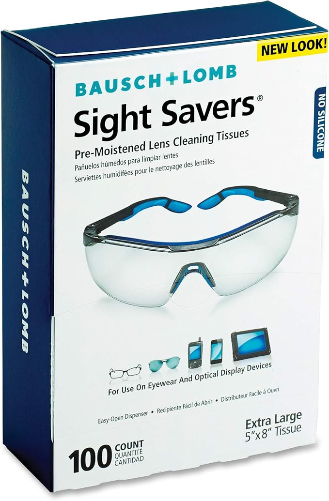 Bausch & Lomb Sight SaversLens Cleaning Wipes - Pre-Moistened Tissues, Anti-Fog and Anti-Static - Cleans Glass and Plastic, 100 Count (Pack of 2)