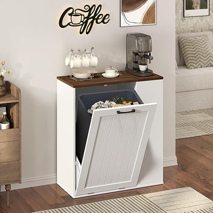 YATINEY Tilt Out Trash Can Cabinet, 10 Gallon Hidden Garbage Can Cabinet with Bottle Recycling Compartment, Wooden Recycling Cabinet Trash Can, for Kitchen, Living Room, White and Walnut WB06WH