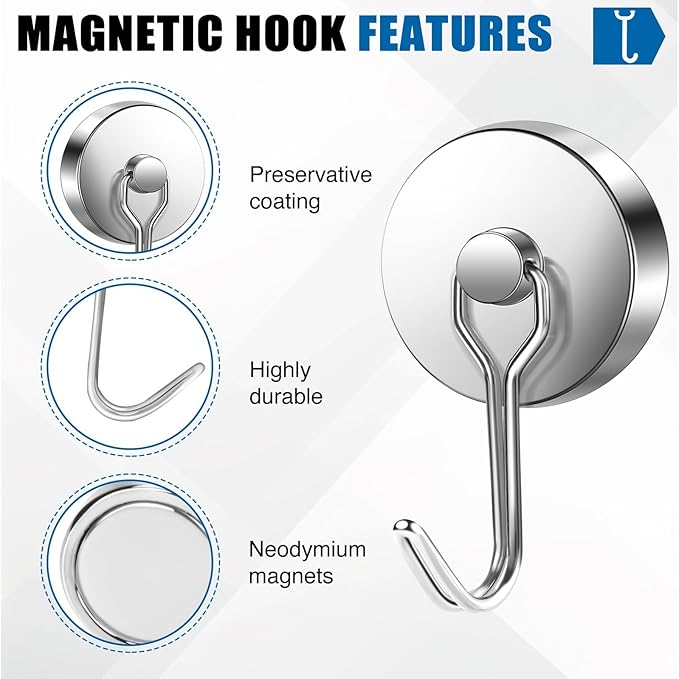 LOVIMAG Hooks, 120lbs+ Magnetic Magnet Hook 2025 Cruise Cabin Ship Essentials Heavy Duty Strong Refrigerator Fridge Hanging for Classroom Beach Vacation Kitchen Grills Home Mug Hanger (8 Pack), Silver