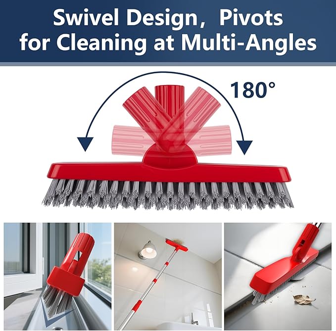 2 Pack Grout Brush with Long Handle, Swivel Cleaning Grout Line Scrubber - Extendable Durable Handle Grout Cleaner Brush for Bathroom,Tile,Baseboard,Walk in Shower,Corner & Narrow Space (Red)
