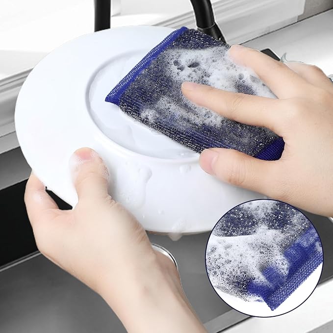 6 pcs Steel Wool Kitchen Sponges Steel Dish Scrub Sponge Reusable Non-Scratch Scrubbers Multipurpose Scouring Sponges Duty Dish Microfiber Wash Kitchen Sponge for Cleaning Tools Pots Pans Scrub