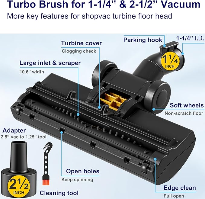 Portek Air-Driven Turbo Brush Attachment for Shop Vac Wet Dry Vacuum Cleaners, 1-1/4 and 2-1/2 Inch, Non-Electric Floor Head for Pet Hair and Debris Removal from Carpets Area Rugs Hard Floors
