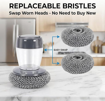 Comfort Grip Soap Dispensing Kitchen Scrub, Kitchen Scrub Brush with Built-in Soap Dispenser Without Soaps with Replaceable Head for Everyday Kitchens Cleanup, Busy Households (2 Set)
