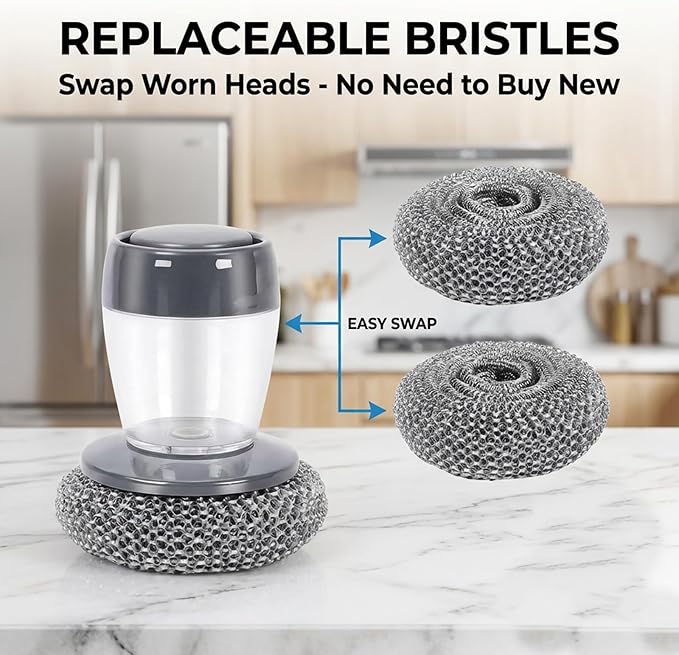 Comfort Grip Soap Dispensing Kitchen Scrub, Kitchen Scrub Brush with Built-in Soap Dispenser Without Soaps with Replaceable Head for Everyday Kitchens Cleanup, Busy Households (6 PET Balls)