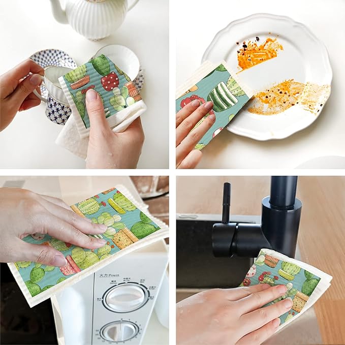 Cactus Swedish Dish Cloths 6 Pack Reusable Compostable Kitchen Cloth,Cellulose Sponge Dish Cloths Dish Towel Set