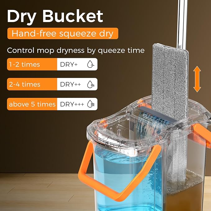 YASHE Mop and Bucket Set with Detachable Space-Saving Bucket, Mop for Floor Cleaning with Wringer, Wall Mop with 360° Rotating Mop Head, 2 Reusable Microfiber Mop Pads