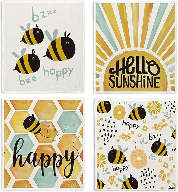 Bee Hello Sunshine Cute Swedish Dishcloths for Kitchen, 4 Pack Summer Gifts Swedish Dish Cloths Towels for Kitchen Bathroom Office Housewarming Gifts, Papaya Reusable Paper Towels Washable