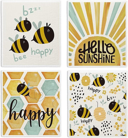 Bee Hello Sunshine Cute Swedish Dishcloths for Kitchen, 4 Pack Summer Gifts Swedish Dish Cloths Towels for Kitchen Bathroom Office Housewarming Gifts, Papaya Reusable Paper Towels Washable
