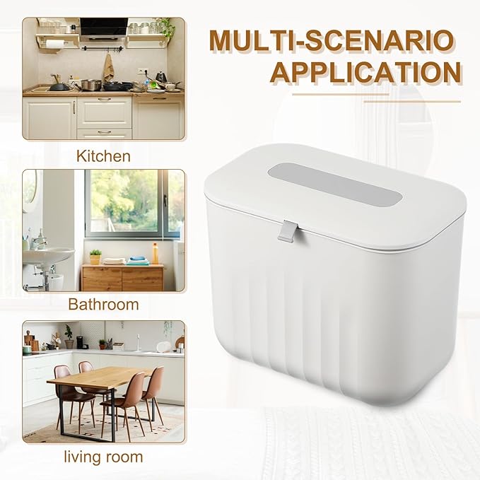 uxcell Kitchen Compost Bin Hanging Small Trash Can, 7L/1.8Gallon Plastic Trash Can with Lid, Suitable for Countertop, Under Sink or Wall Mounted, White