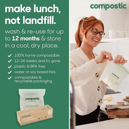 Compostic Compostable Snack Bags, Snack Size (100 Count) Everyday Essential — Resealable Zip-Seal, Plant-Based, Home Compostable, Freezer Safe, BPA-Free, Non-Toxic, GMO-Free Food Storage Bags