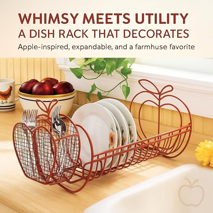 Jumbl Expandable Dish Drying Rack with Utensil Holder, Apple Design Metal Dish Drainer Adjusts 14 to 27 Inches, Rust-Resistant Countertop Dish Strainer for Kitchen Sink, RV, and Small Apartments