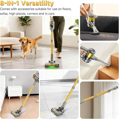 Cordless Stick Vacuum Cleaner - 45KPA Powerful Suction Vacuum with 45 Min Runtime, Detachable Battery, Anti-Tangle & 1.5L Dust Cup, 8 in 1 Vacuum Cleaner for Pet Hair, Carpet, HardFloor, Yellow