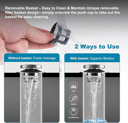Hibbent 2 Pack 3 in 1 Metal Bathtub Drain Stopper, Universal Pop Up Tub Stopper with Removable Filter Basket, Anti-Clogging Bathtub Hair Catcher for 1.5''~2.4'' Drain, Brass Bullet Core, Chrome