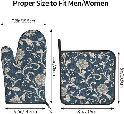 Navy Blue Oven Mitts and Pot Holders Vintage Floral Kitchen Accessories Set of 2 Teal Flowers Gloves Potholder for Chef Cooking Baking Grilling BBQ