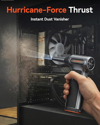 WOLFBOX MF200-2PK Compressed Air Duster - 2 Swappable Battery Packs & Case, Hurricane-Force Electric Air Blower for PC, Car Detailing, Camping & Home, High-Pressure Duster for Narrow Gaps & Crevices