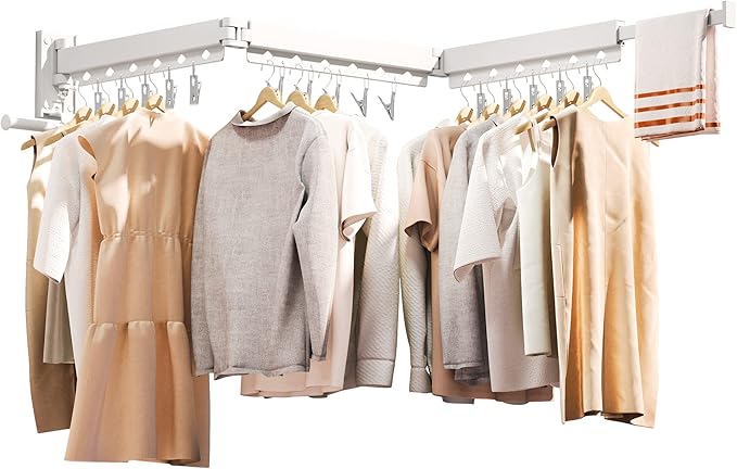 ZdwCyl Wall Mounted Clothes Hanger,Clothes Drying Rack,Laundry Rack Wall Mount,Drying Rack Clothing,Clothes Rack Retractable,Collapsible(Tri-Fold), with Windproof Holes & Clips,White Color