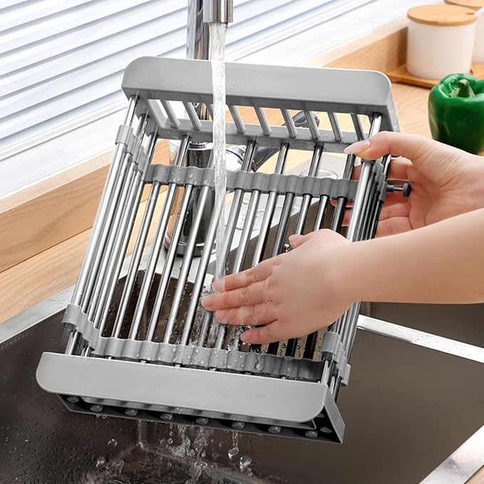 Dish Drying Rack, Adjustable Stainless Steel Drainer Basket Drain Tray for Dishes, Vegetables, and Fruit (Grey)
