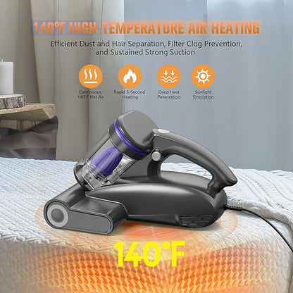 Bed Vacuum Cleaner Mattress Vacuum Cleaner,16Kpa Powerful Handheld Vacuums with UV-C Light & Double Dust Cup & High Heating & Ultrasonic & HEPA Filter for Bed Sofa(Corded,Purple)