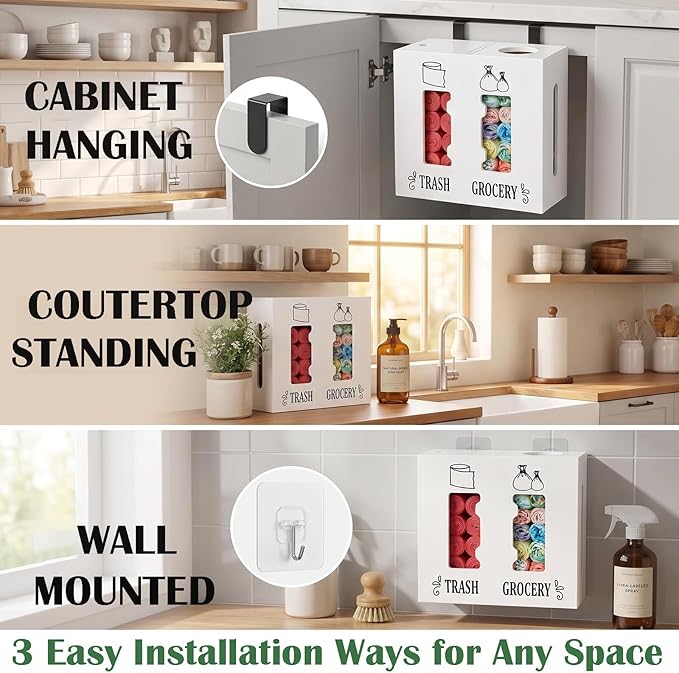 2 in 1 Trash Bag Dispenser and Grocery Bag Holder, Large Wooden Trash Bag Holder,Trash Bag Dispenser for Grocery Bags and Plastic Bags,Kitchen Cabinet Under Sink Organizers and Storage
