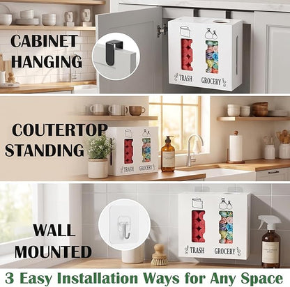 2 in 1 Trash Bag Dispenser and Grocery Bag Holder, Large Wooden Trash Bag Holder,Trash Bag Dispenser for Grocery Bags and Plastic Bags,Kitchen Cabinet Under Sink Organizers and Storage