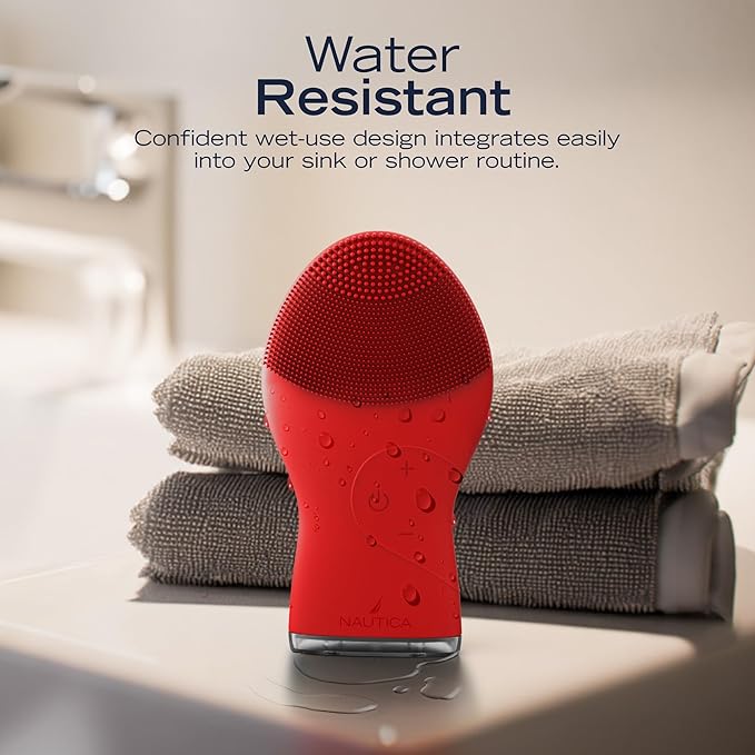 Nautica PC120 Facial Cleansing Brush Made with Ultra-Hygienic Soft Silicone, Waterproof, Rechargeable Vibrating Face Exfoliator Scrub Brush with Sonic Technology for Men & Women - Dancing Red