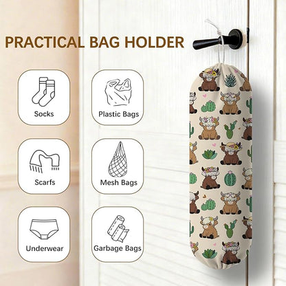 Plastic Bag Holder Highland Cow Bag Holder Dispenser, Plastic Grocery Bag Organizer & Wall Mount Paper Trash Bags Saver Storage for Kitchen Home Pantry Decor, Fun Farmhouse Decor