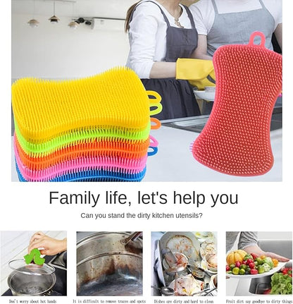 Silicone Sponge Dish Washing Kitchen Scrubber, 6 Pack Reusable Dish Washing Cleaning Sponges Double-Sided Multipurpose Non Stick Silicone Dish Sponges for Dishes, Fruit, Vegetable （Multicolor）