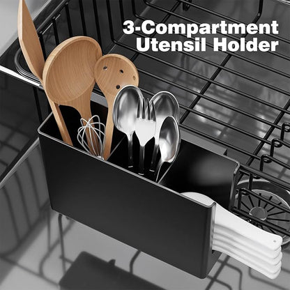 Dish Drying Rack in Sink: Expandable, 3-Slot Utensil Holder, Anti-Slip Handle. Small Dish Rack: Ideal for Small Households. Kitchen Drying Rack: Black