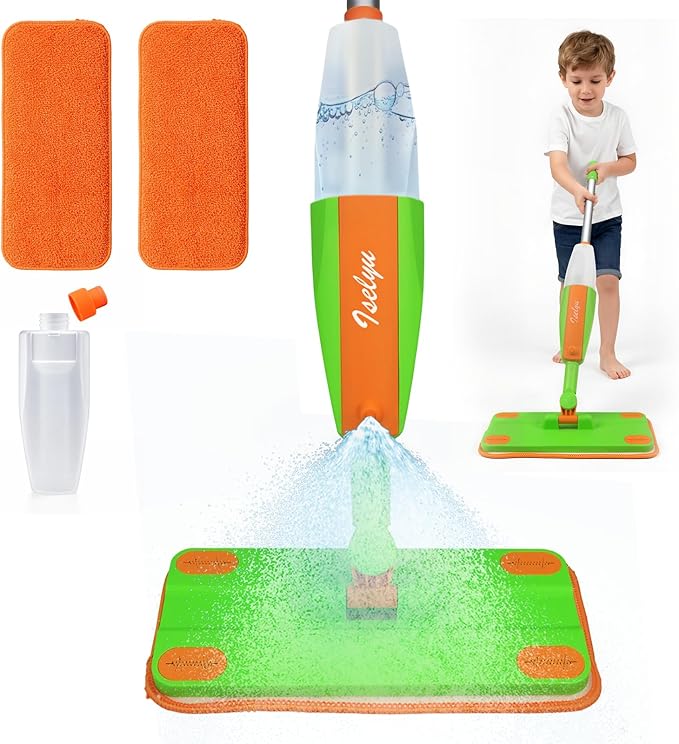 Toddler Spray Mop - Fun & Educational Montessori Housekeeping Toys Mini Size Cleaning Set Includes Kids Mop with Real Water Sprayer Washable Microfiber Pads & Scraper