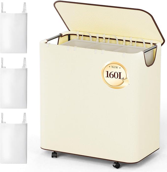 LAMU 160L Laundry Basket with Wheels, Rolling Laundry hamper with Lid and 3 Removable Laundry Bag, Beige Large Capacity 3 Section Dirty Clothes Hampers for Laundry Room, Bedroom, Bathroom, Dorm