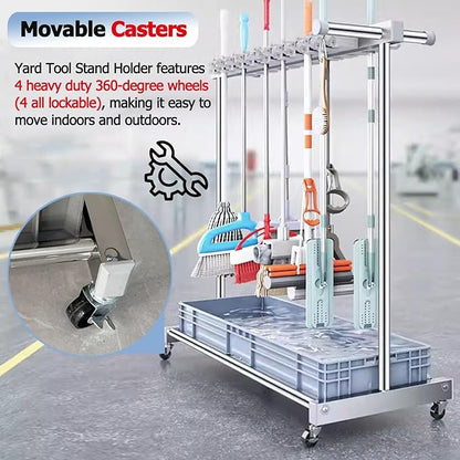 Mop Holder Rack with Rolling Wheels, Industrial Steel Freestanding Broom Storage Utility Cart, Home/Garage/Garden Tool Organizer, Heavy-Duty, Supports up to 220lbs