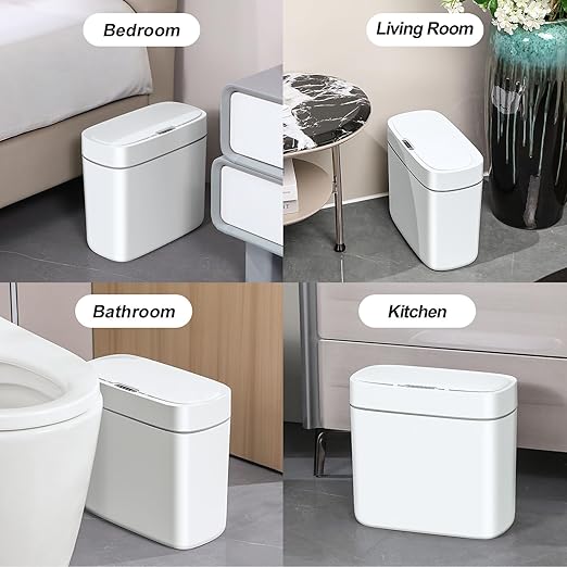 funest Bathroom Trash Can with Lid, 3.2 Gallon Automatic Touchless Garbage Can,Slim Motion Sensor Narrow Trash Basket for Bathroom, Bedroom, Laundry, Office,RV White