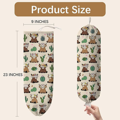 Plastic Bag Holder Highland Cow Bag Holder Dispenser, Plastic Grocery Bag Organizer & Wall Mount Paper Trash Bags Saver Storage for Kitchen Home Pantry Decor, Fun Farmhouse Decor