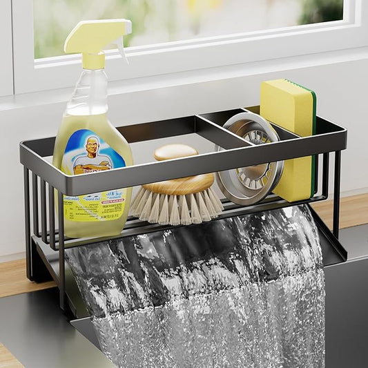 Kitchen Sink Caddy Organzier with Sponge Holder and Removable Drip Tray for Kitchen Sink, 304 Stainless Steel Organize for Sponge Soap Dish Brush Storage Accessories(Black)