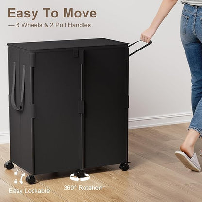 140L Double Laundry Hamper with Lid and 6 Wheels, Rolling Laundry Basket with 2 Removable Bags, Heavy Duty Metal Frame Clothes Cart, 2-Section Laundry Sorter for Bedroom, Bathroom (Black)