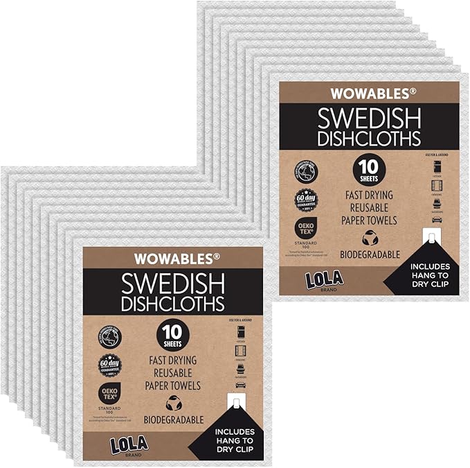 LOLA Swedish Dishcloths for Kitchen 20 Sheets, Biodegradable & Compostable Reusable Paper Towel Cleaning Cloths No Odor Washing Dishes Ultra Absorbent Cellulose Sponge Towel Made in Germany