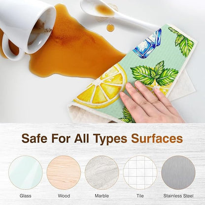 Swedish Dishcloths for Kitchen | 6 Pack Floral Reusable Paper Towels Washable | Swedish Dish Towels | Non-Scratch Cellulose Sponge Cloths | No Odor, Biodegradable Cleaning Cloths, Lemon