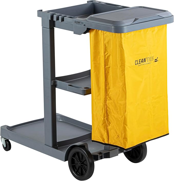 Restaurantware-Clean Tek Professional Janitor Cart with Wheels, 1 Cleaning Trolley with Cover and 18 Gallon Bag - 3 Shelves, Heavy-Duty, Gray Plastic Commercial Janitorial Cart, for Restaurants