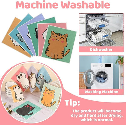 6 Pack Swedish Dishcloths for Kitchen, Cat Gifts for Cat Lovers Swedish Rags Absorbent Dish Cloth with Adhesive Clips, Reusable Paper Towels No Odor for Countertop Sink Kitchen Cat Mom Gift for Women